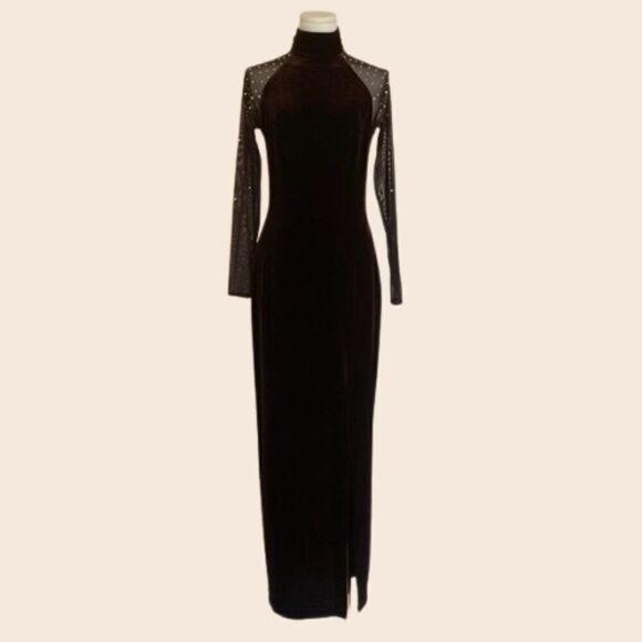 Vintage Tadashi Chocolate Brown Velvet Embellished Gown Size Medium - Picture 1 of 15